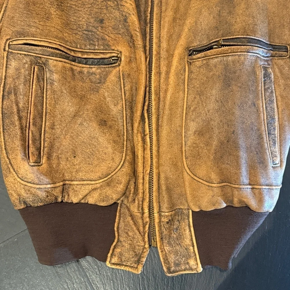 Vintage 80's top gun Men's brown, distressed bomber flight jacket size 48